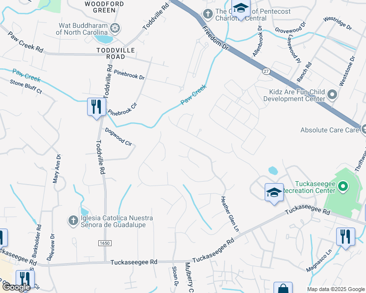map of restaurants, bars, coffee shops, grocery stores, and more near 2108 Heather Glen Lane in Charlotte