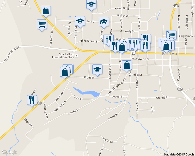 map of restaurants, bars, coffee shops, grocery stores, and more near 838 Pruitt Street in Bolivar