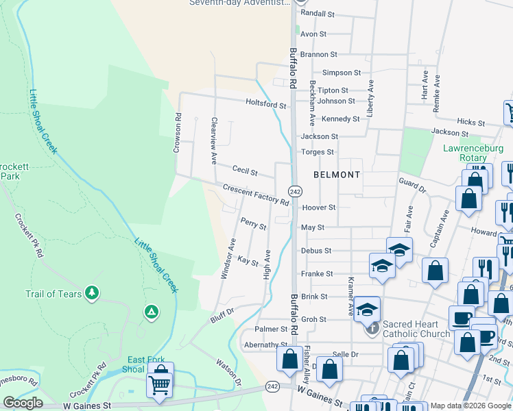 map of restaurants, bars, coffee shops, grocery stores, and more near 520 Crescent Factory Road in Lawrenceburg