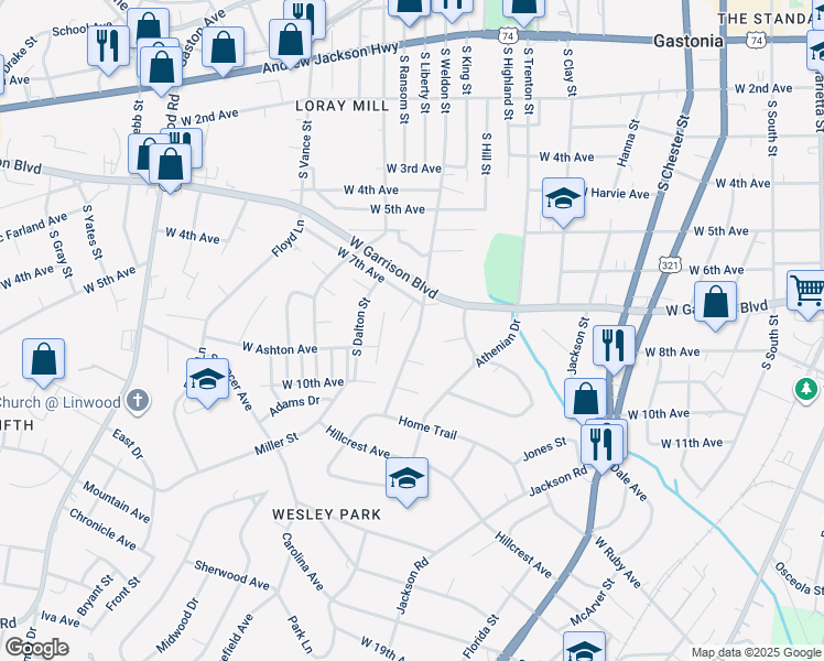 map of restaurants, bars, coffee shops, grocery stores, and more near 817 South Weldon Street in Gastonia