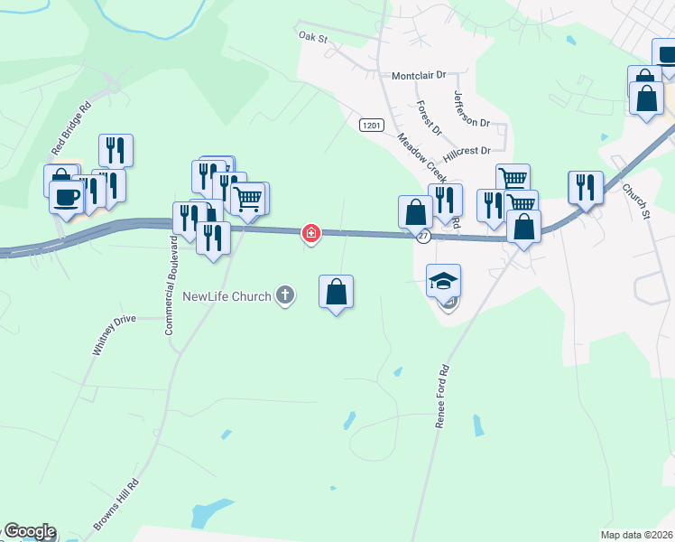 map of restaurants, bars, coffee shops, grocery stores, and more near 120 Jenkins Street in Locust