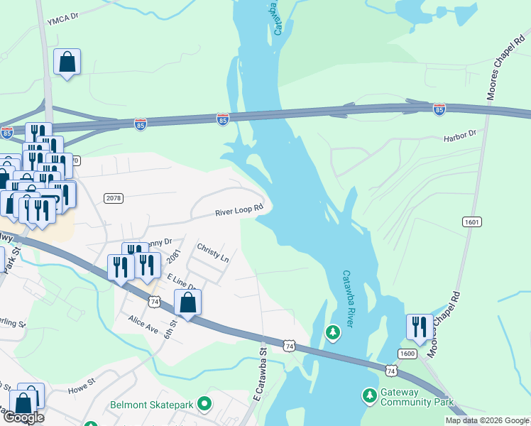 map of restaurants, bars, coffee shops, grocery stores, and more near 235 River Loop Road in Belmont