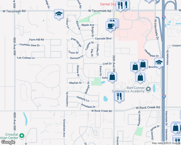 map of restaurants, bars, coffee shops, grocery stores, and more near 2813 Bishops Ct in Norman