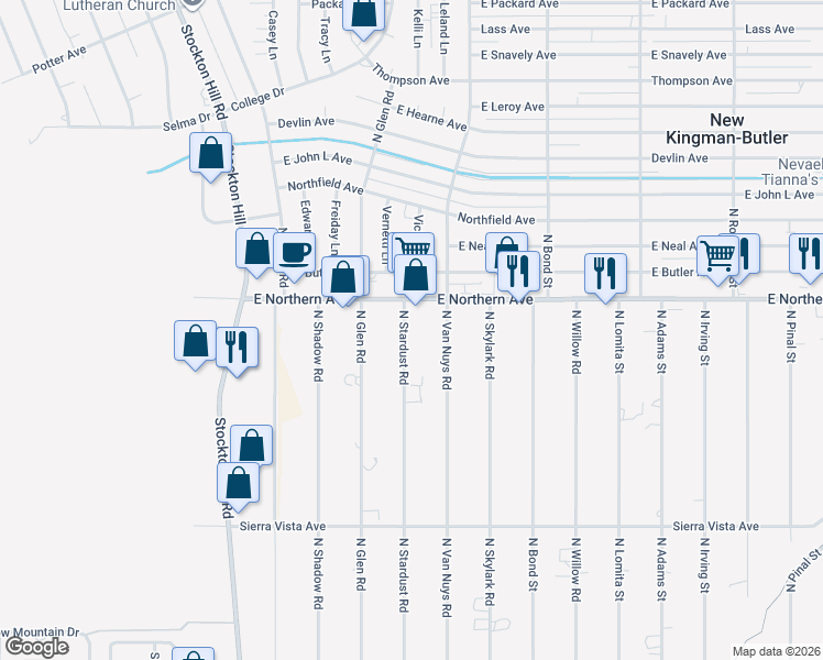 map of restaurants, bars, coffee shops, grocery stores, and more near 4470 North Stardust Road in Kingman