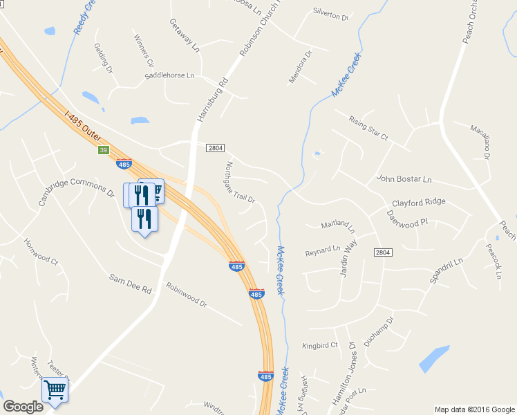 map of restaurants, bars, coffee shops, grocery stores, and more near 10725 Northgate Trail Drive in Charlotte