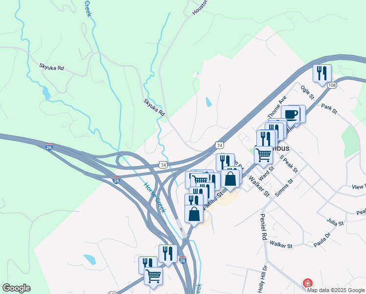map of restaurants, bars, coffee shops, grocery stores, and more near 349 Houston Road in Columbus