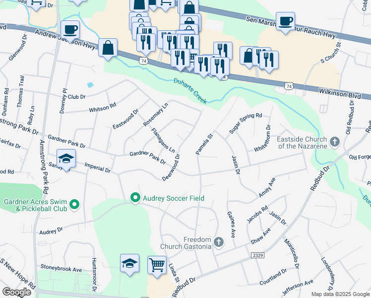 map of restaurants, bars, coffee shops, grocery stores, and more near 548 Deerwood Dr in Gastonia