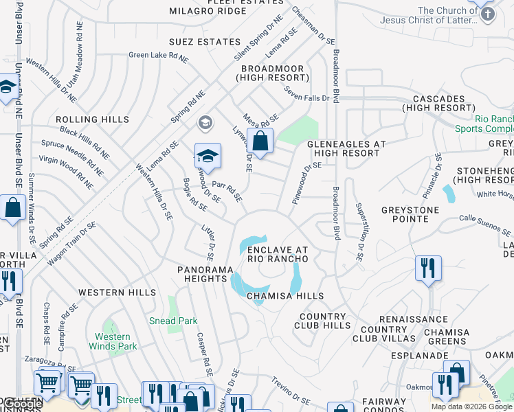 map of restaurants, bars, coffee shops, grocery stores, and more near 323 Nicklaus Drive Southeast in Rio Rancho