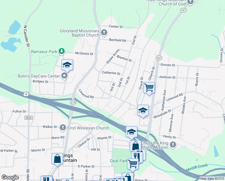 map of restaurants, bars, coffee shops, grocery stores, and more near 804 3rd Street in Kings Mountain