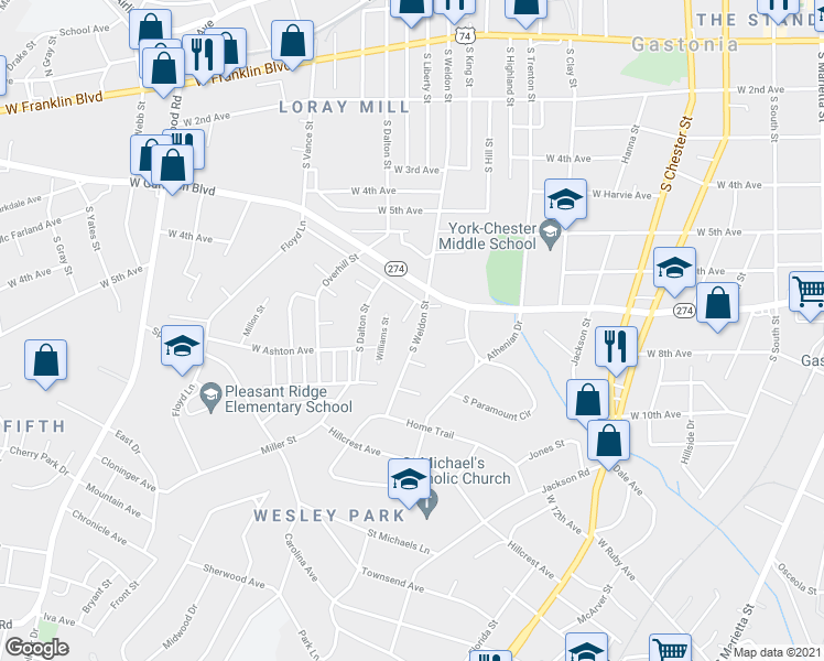 map of restaurants, bars, coffee shops, grocery stores, and more near 817 South Weldon Street in Gastonia