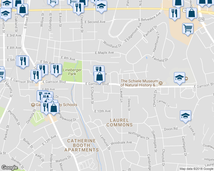 map of restaurants, bars, coffee shops, grocery stores, and more near 1013 East Garrison Boulevard in Gastonia