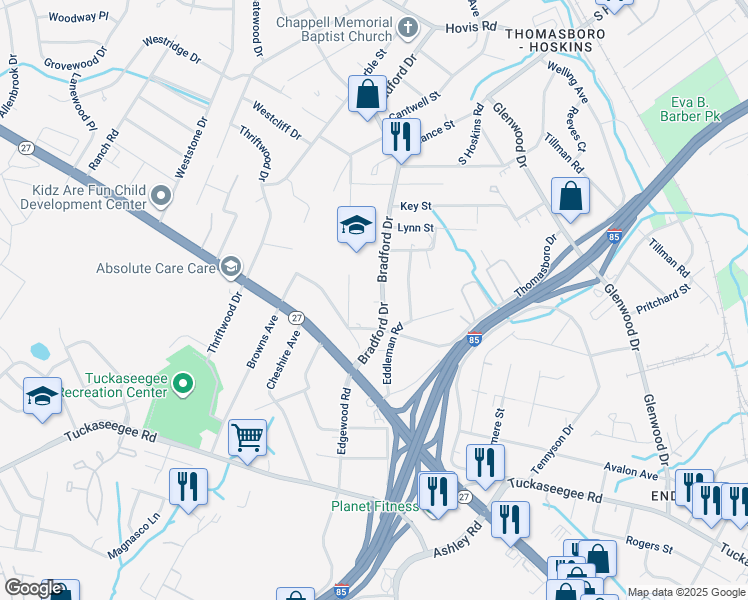 map of restaurants, bars, coffee shops, grocery stores, and more near 642 Bradford Drive in Charlotte