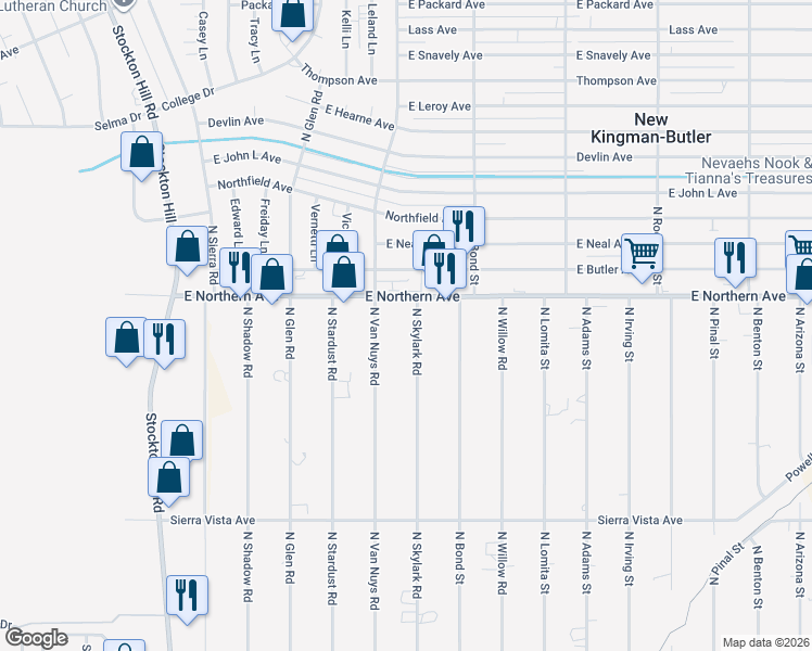 map of restaurants, bars, coffee shops, grocery stores, and more near 4475 North Skylark Road in Kingman