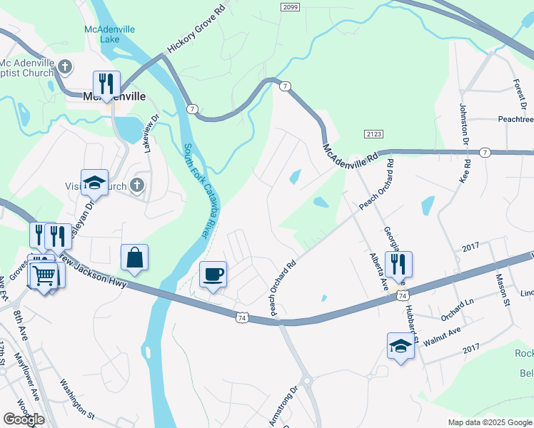 map of restaurants, bars, coffee shops, grocery stores, and more near 5077 Thomasville Drive in Belmont