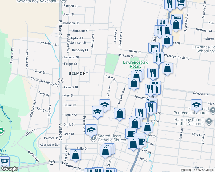 map of restaurants, bars, coffee shops, grocery stores, and more near 823 Fair Ave in Lawrenceburg