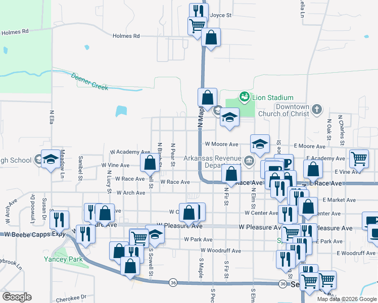 map of restaurants, bars, coffee shops, grocery stores, and more near 602 North Hickory Street in Searcy