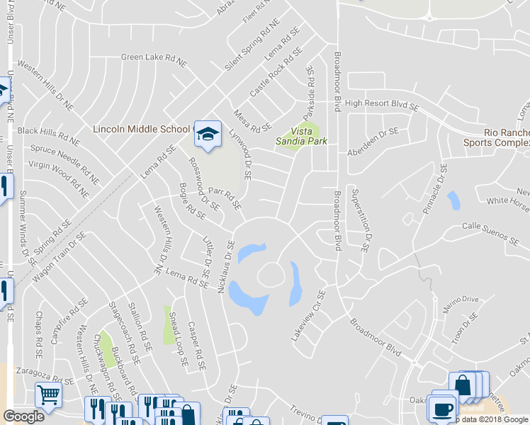 map of restaurants, bars, coffee shops, grocery stores, and more near 323 Nicklaus Drive Southeast in Rio Rancho