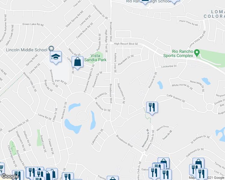 map of restaurants, bars, coffee shops, grocery stores, and more near 611 Hermit Falls Drive Southeast in Rio Rancho