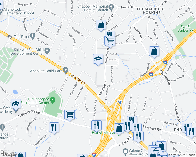 map of restaurants, bars, coffee shops, grocery stores, and more near 641 Northway Drive in Charlotte