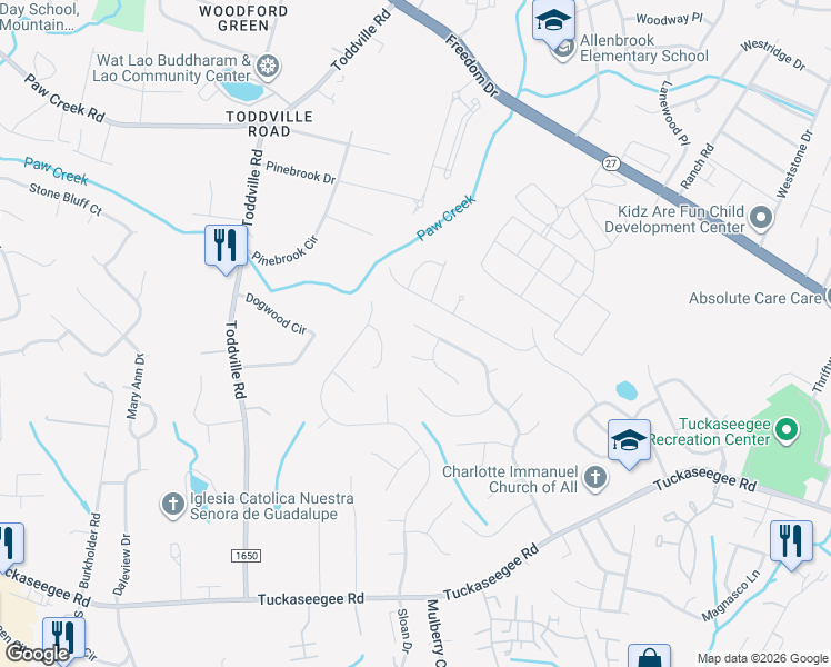 map of restaurants, bars, coffee shops, grocery stores, and more near 2108 Heather Glen Lane in Charlotte