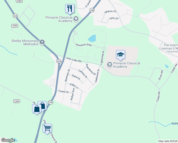 map of restaurants, bars, coffee shops, grocery stores, and more near 2126 Amesbury Drive in Shelby