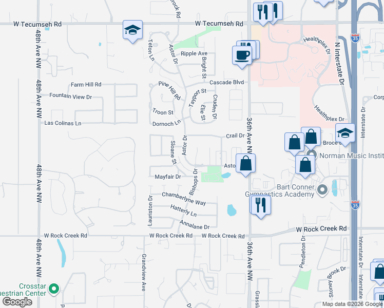 map of restaurants, bars, coffee shops, grocery stores, and more near 2813 Bishops Court in Norman