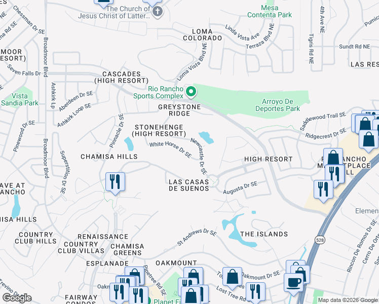 map of restaurants, bars, coffee shops, grocery stores, and more near 3553 White Horse Drive Southeast in Rio Rancho