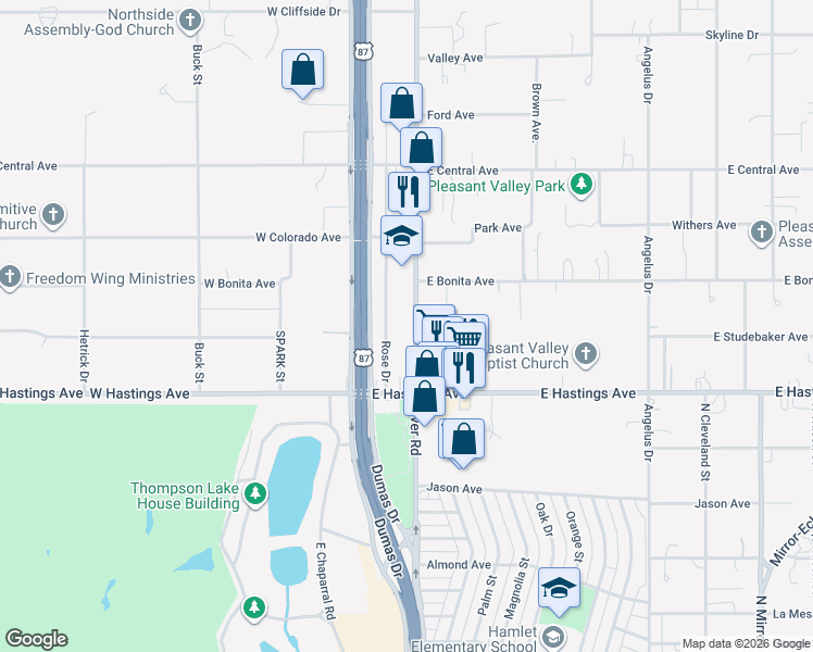 map of restaurants, bars, coffee shops, grocery stores, and more near 4030 Rose Drive in Amarillo