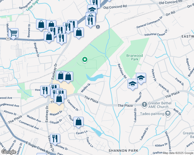 map of restaurants, bars, coffee shops, grocery stores, and more near 4931 Malibu Drive in Charlotte