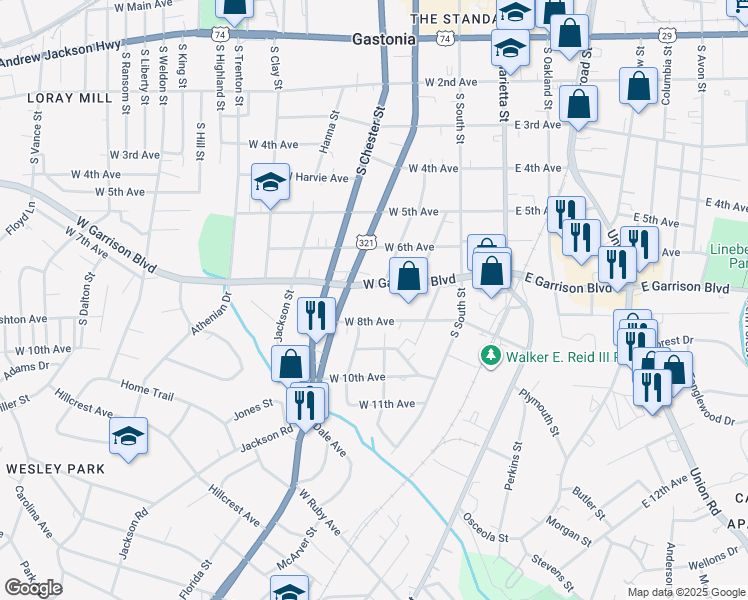map of restaurants, bars, coffee shops, grocery stores, and more near 800 South York Street in Gastonia