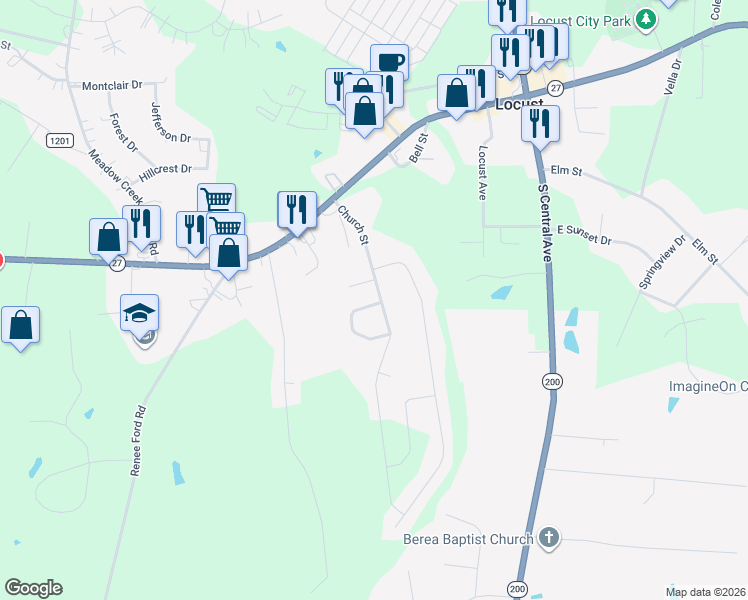 map of restaurants, bars, coffee shops, grocery stores, and more near 318 Church St in Locust