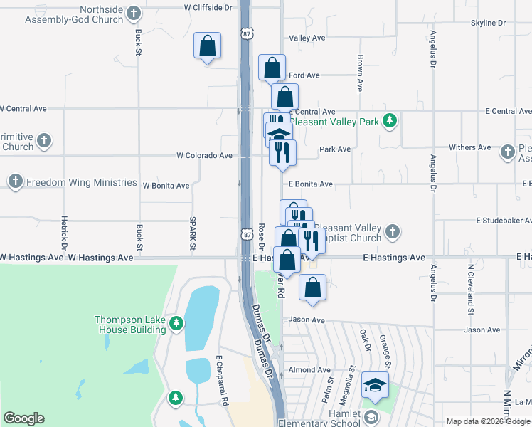map of restaurants, bars, coffee shops, grocery stores, and more near 4030 Rose Drive in Amarillo