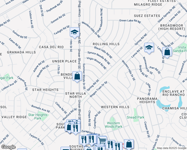 map of restaurants, bars, coffee shops, grocery stores, and more near 2104 Forest Trail Road in Rio Rancho
