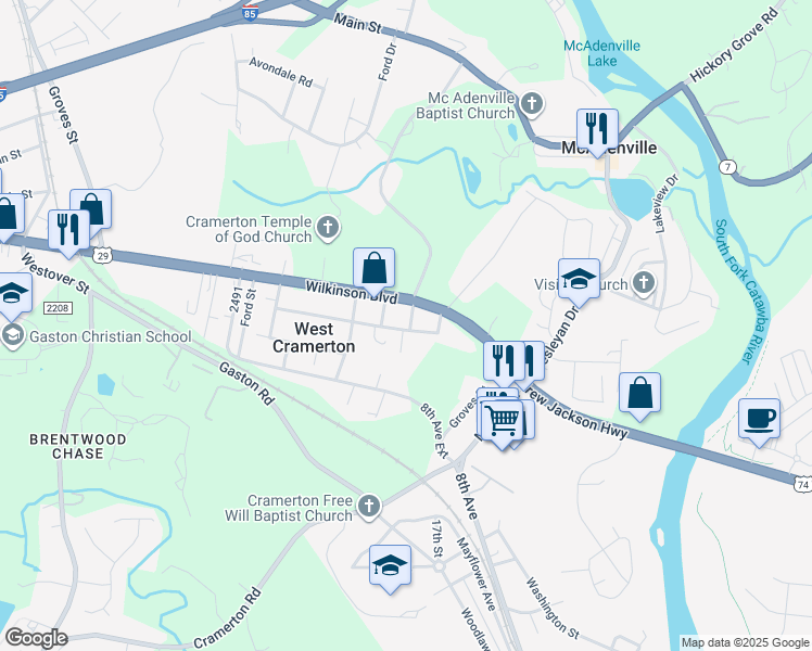 map of restaurants, bars, coffee shops, grocery stores, and more near 302 McAllister Street in Cramerton