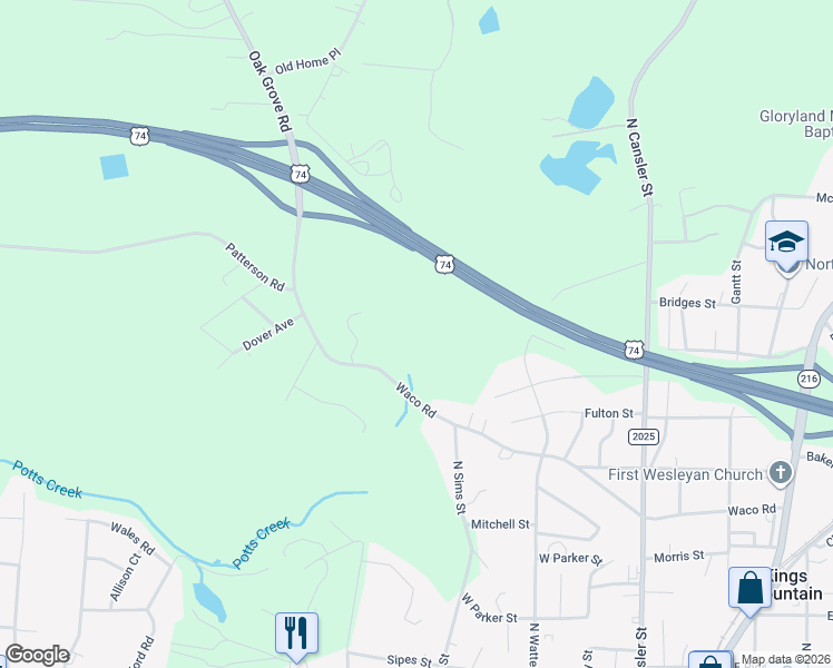 map of restaurants, bars, coffee shops, grocery stores, and more near 530 Waco Road in Kings Mountain