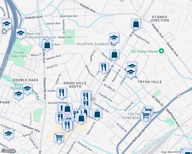 map of restaurants, bars, coffee shops, grocery stores, and more near 2500 Lucena Street in Charlotte