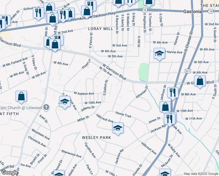 map of restaurants, bars, coffee shops, grocery stores, and more near 824 Williams Street in Gastonia