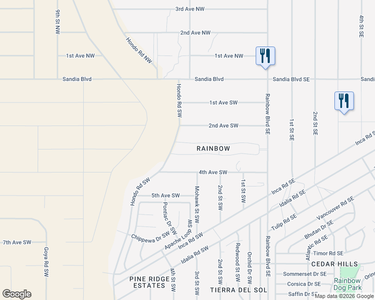 map of restaurants, bars, coffee shops, grocery stores, and more near 301 4th Avenue Southwest in Rio Rancho