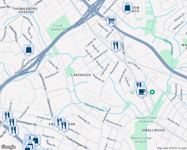 map of restaurants, bars, coffee shops, grocery stores, and more near 3215 Kalynne Street in Charlotte