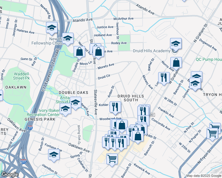 map of restaurants, bars, coffee shops, grocery stores, and more near 2321 Arden Street in Charlotte