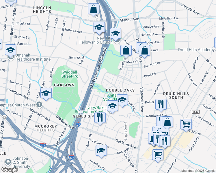 map of restaurants, bars, coffee shops, grocery stores, and more near 2311 Double Oaks Road in Charlotte