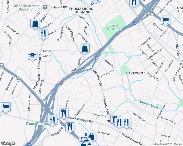 map of restaurants, bars, coffee shops, grocery stores, and more near 4127 Glenwood Drive in Charlotte