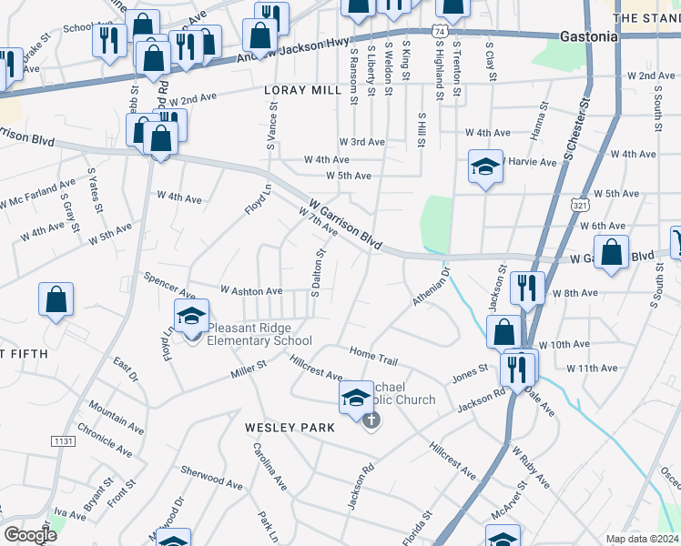 map of restaurants, bars, coffee shops, grocery stores, and more near 823 Williams Street in Gastonia