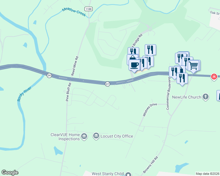 map of restaurants, bars, coffee shops, grocery stores, and more near 6550 North Carolina 24 in Midland