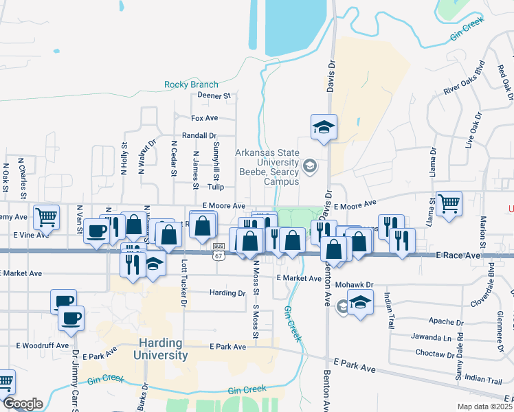 map of restaurants, bars, coffee shops, grocery stores, and more near 1604 East Moore Avenue in Searcy
