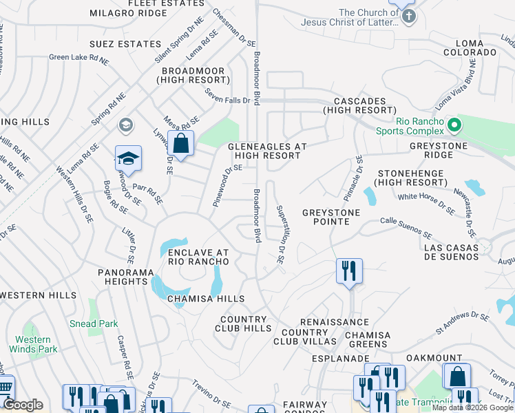 map of restaurants, bars, coffee shops, grocery stores, and more near 701 Broadmoor Boulevard in Rio Rancho