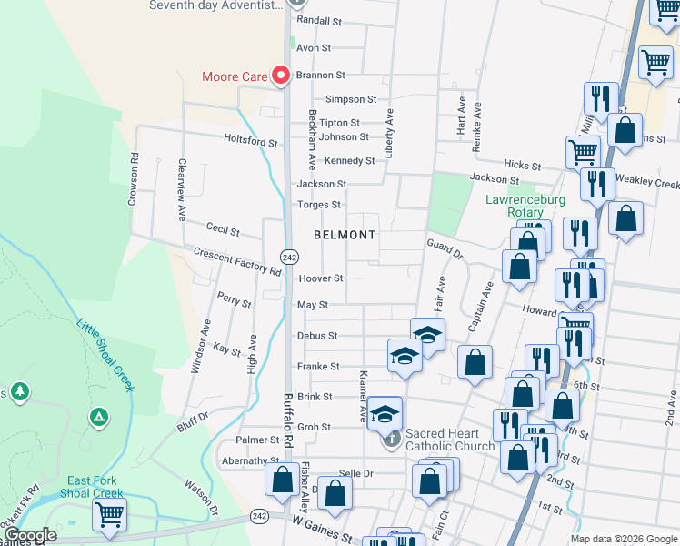 map of restaurants, bars, coffee shops, grocery stores, and more near 302 Hoover Street in Lawrenceburg