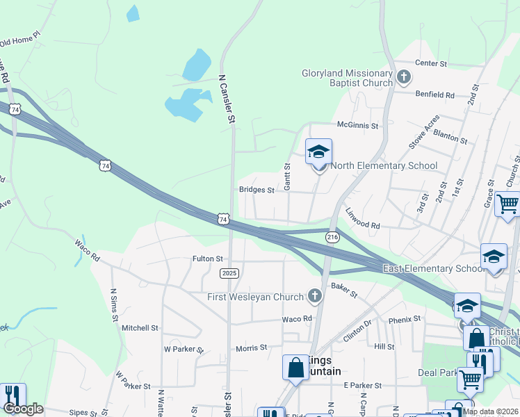 map of restaurants, bars, coffee shops, grocery stores, and more near 704 Harmon Rd in Kings Mountain