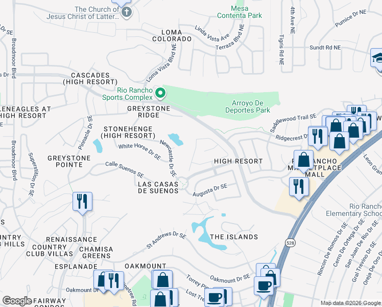 map of restaurants, bars, coffee shops, grocery stores, and more near 3736 Spyglass Loop Southeast in Rio Rancho