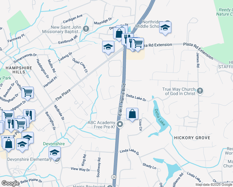 map of restaurants, bars, coffee shops, grocery stores, and more near 6925 Delta Lake Drive in Charlotte